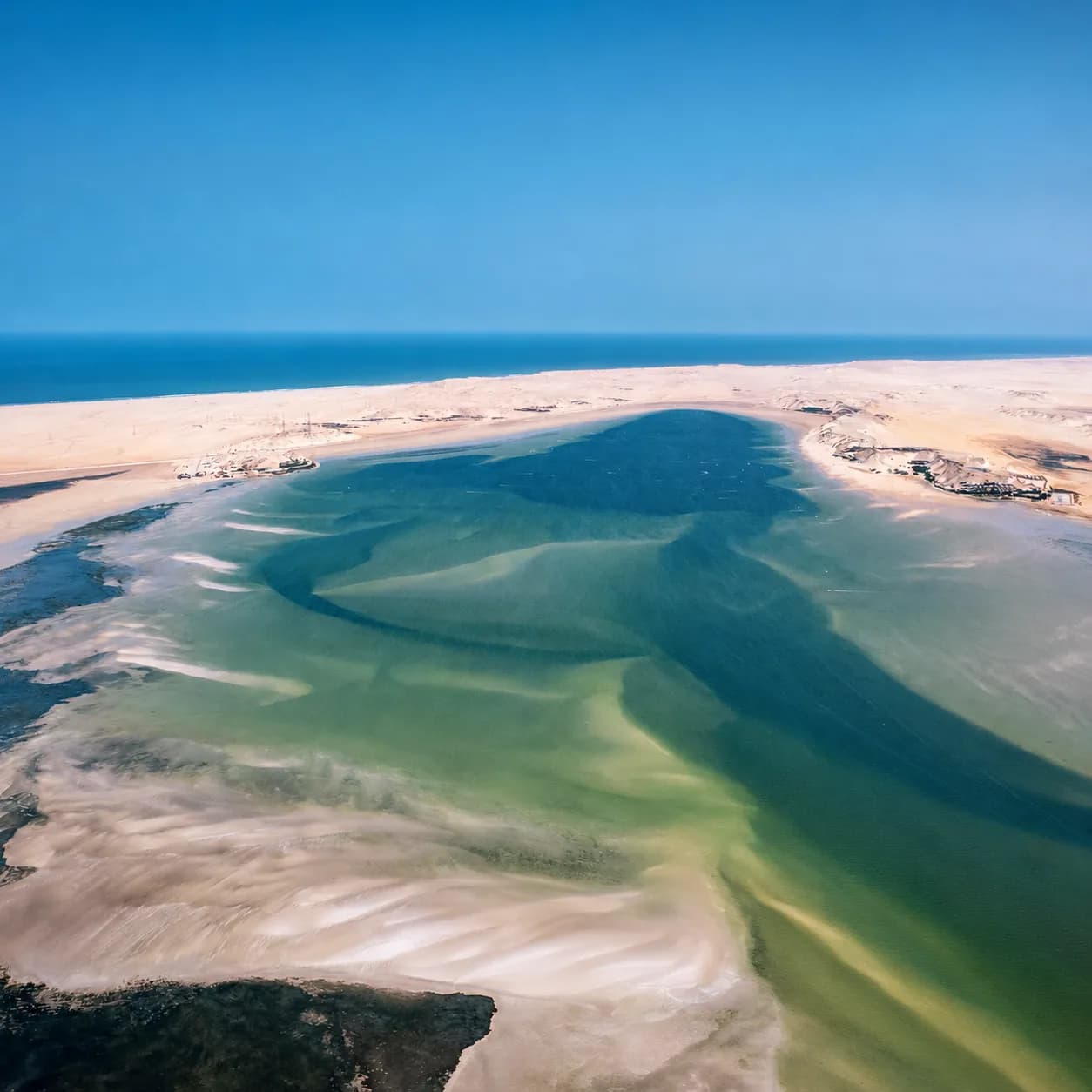 Vue aérienne du Main Lagoon de Dakhla, entouré de bancs de sable entre le désert et l’océan Atlantique